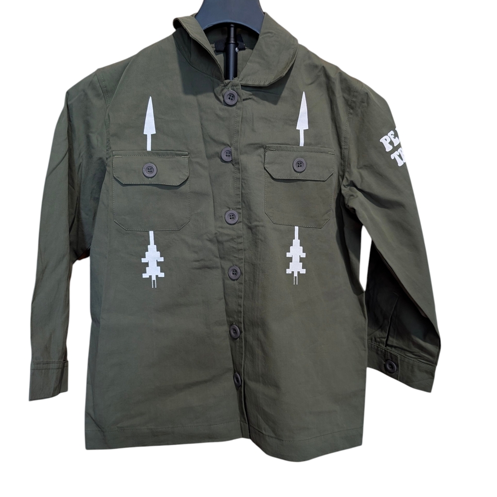 Tiny Whales Boys Olive Green "Peace & Trade" Graphic Jacket - Size 10Y